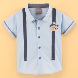 Little Kangaroos 100% Cotton Half Sleeves Shirt Pirate Cat Patch - Blue-picture-11