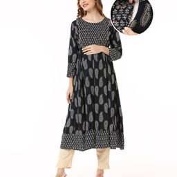 Bella Mama Woven Three Fourth Sleeves Kolka Print With Embroidered Yoke Maternity Kurta - Black-image-90