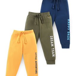 Babyhug Cotton Knit Full Length Text Print Lounge Pants Pack of 3 - Yellow Green & Blue-picture-2