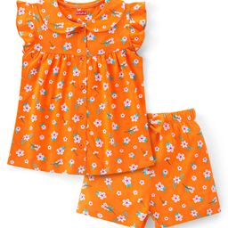 Babyhug Single Jersey Knit Half Sleeves Front Open Short SetFloral Print - Orange-image-78