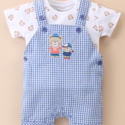 ToffyHouse 100% Cotton Woven Dungaree with Half Sleeves T-Shirt with Checkered & Bear Print- White & Blue-image-69