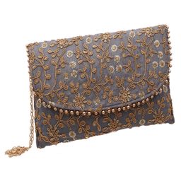 Kuber Industries Embroidery Golden Pearl Border ClutchHand Purse & Pearls Handle With Magnetic Lock For Woman,Girls,Gray,-89