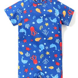 Babyhug Half Sleeves Legged Swimsuit Sea Life Print - Blue-image-49