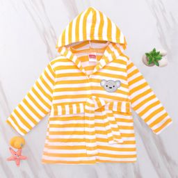 Babyhug Cotton Terry Knit Full Sleeves Striped  Hooded Bath Robe with Teddy Bear Embroidery - Orange-image-82