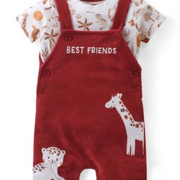 Babyhug Single Jersey Knit Half Sleeves T-Shirt with Animals Patch Dungaree - Maroon & White-image-28