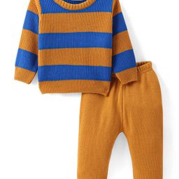Doddle Poodle Knitted Full Sleeves Pullover Sweater Set with Stripes Design - Blue & Mustard-image-38