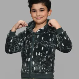Mi Arcus Full Sleeves Printed Hooded Fur Jacket - Green-picture-29
