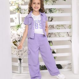 Ministitch Half Sleeves Girl 85 Text Printed Top With Coordinating Waffle Jacket & Pant Set - Lilac-image-87