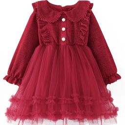 Kookie Kids Full Sleeves Shimmered Party Frock With Peter Pan Collar & Frill Detailing - Maroon-picture-22