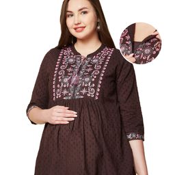 Bella Mama Woven Three Fourth Sleeves Embroidered Yoke Maternity Top - Brown-image-46