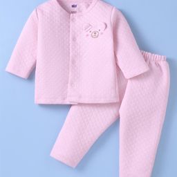 Simply Cotton Knit Full Sleeves Front Open Winter Night Suit With Bear Applique - Baby Pink-image-95