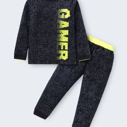 Unicorns Cotton Full Sleeves Gamer Text Printed Tee With Coordinating Pajama Set - Black-image-26