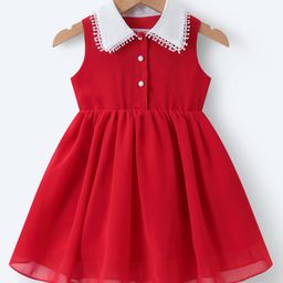 Mark & Mia Sleeveless Collared Front Button Frock With Lace Detailing - Red-image-56