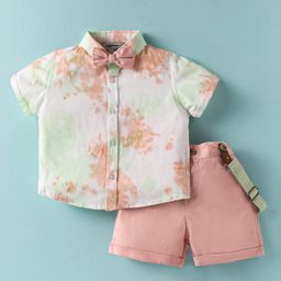 ToffyHouse Poplin Woven Half Sleeves Shirt & Shorts Set with Bow & Suspender with Tie Dye - Pink & White-picture-26