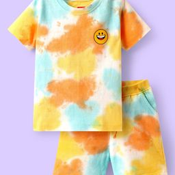 Babyhug Single Jersey Knit Half Sleeves T-Shirt & Shorts Set with Tie Dye &Smiley Print - Yellow & Orange-image-24