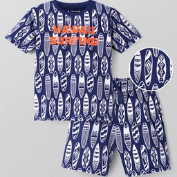 Pine Kids Single Jersey Knit Half Sleeves Shorts Night Suit With Surfing Print - Navy Blue-image-104