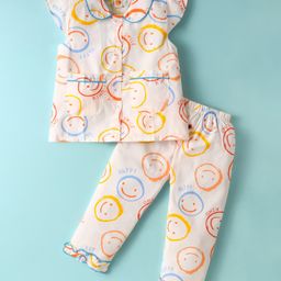 Dew Drops Poplin Knit Half Sleeves Co-Ord Night Suit With Smiley Print - Orange-image-96