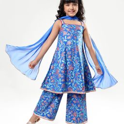 EARTHY TOUCH Single Jersey Knit Sleeveless Kurti Salwar Set With Floral Print & Dupatta - Blue-image-26