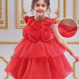 Mark & Mia Woven Cap Sleeves Party Dress with Floral Pearls & Beads Applique - Red-image-84