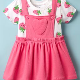 Doodle Poodle Cotton Knit Frock & Half Sleeves Inner Tee With Strawberry Print & Heart Patch - Pink & White-image-43
