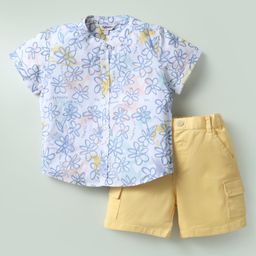 ToffyHouse Cotton Knit Half Sleeves Mandarin Collar Shirt & Shorts Set With Floral Print - Light Blue & Yellow-image-22
