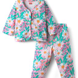 Babyhug Interlock Knit Full Sleeves Front Open Co-ords Top & Pajama Set With Floral Print - Multicolour-picture-15