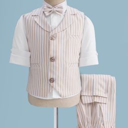 Rikidoos Full Sleeves Striped 3 Piece Coordinating Party Suit Set With Bow - Beige & White-picture-20