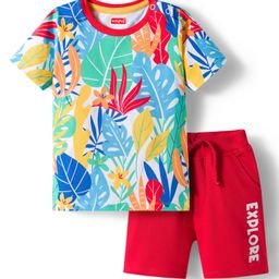 Babyhug Single Jersey Knit Half Sleeves T-Shirt & Shorts Set with Explore Text & Jungle Print - Red & Multicolor-picture-28