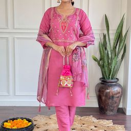 KALINI Women Embroidered Regular Sequinned Chanderi Silk Kurta with Trousers & With Dupatta-6