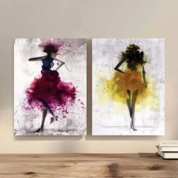 Art Street Pink & Yellow Dancing Lady Theme Framed Canvas Painting - Set of 2-16