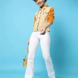 Campus Sutra Beige Cotton Color-Block Denim Jacket-image-72