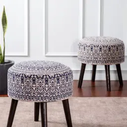 Nestroots Printed Blue Cotton Canvas 4 Wooden Legs Ottoman for Living Room - Set of 2-image-65