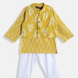 READIPRINT FASHIONS Kids Yellow & White Printed Full Sleeves Kurta, Nehru Jacket with Pyjamas-image-88