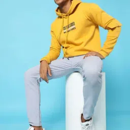 Campus Sutra Yellow Cotton Regular Fit Printed Hooded Sweatshirt-picture-0