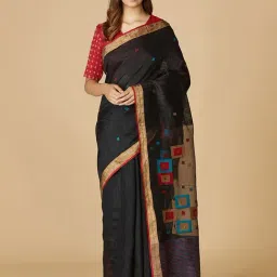Fabindia Black Silk Woven Saree Without Blouse-picture-27
