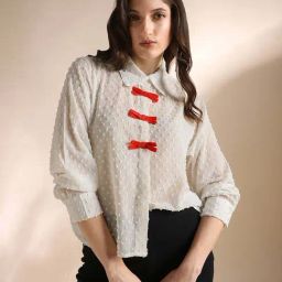 Globus Women White Collared Neck Cuffed Sleeves Self Design Bow Detail Georgette Workwear Shirt-picture-12