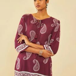 Soch Wine Crepe Paisley Printed Tunic With Tassels-image-8