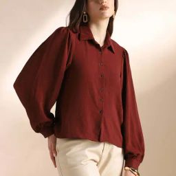 Globus Women Maroon Self Design Collared Neck Puff Sleeves Workwear Shirt-picture-20