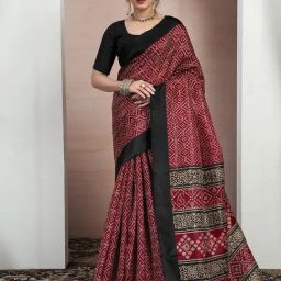 Satrani Red Silk Blend Printed Saree With Unstitched Blouse-image-62