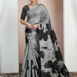 Satrani Grey Silk Blend Floral Saree With Unstitched Blouse-image-16