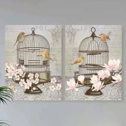 Art Street Brown & Grey Bird Theme With Cage Stretched Canvas Painting - Set of 2-11