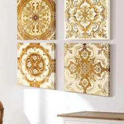Art Street Gold Moroccan Tiles Pattern Stretched Canvas Painting - Set of 4-43