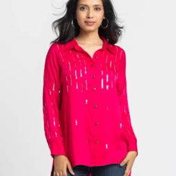 SHAYE Fuchsia Shirt Collar Embroidered Full Sleeves Party Shirt For Women-image-3