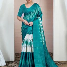 Satrani Blue Silk Blend Printed Saree With Unstitched Blouse-image-11