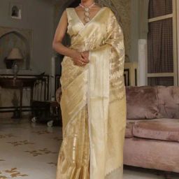 Geroo Jaipur Golden Banarasi Handwoven Tissue Saree With Zari Work-image-79