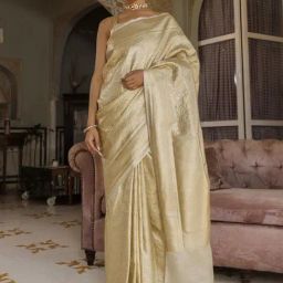 Geroo Jaipur Golden Banarasi Handwoven Tissue Saree With Zari Work-image-93