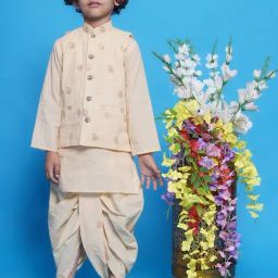 Little Bansi Boys Cream Self Design Full Sleeves Kurta, Dhoti with Jacket-15