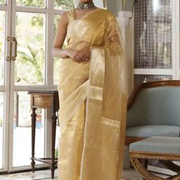 Geroo Jaipur Golden Banarasi Handwoven Zari Tissue Saree-12