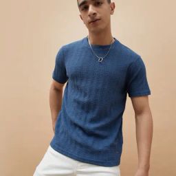 Fame Forever By Lifestyle Blue Regular Fit Textured T-Shirt-picture-4