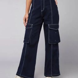 DOLCE CRUDO Blue High Rise Stretchable Cargo Jeans-image-17